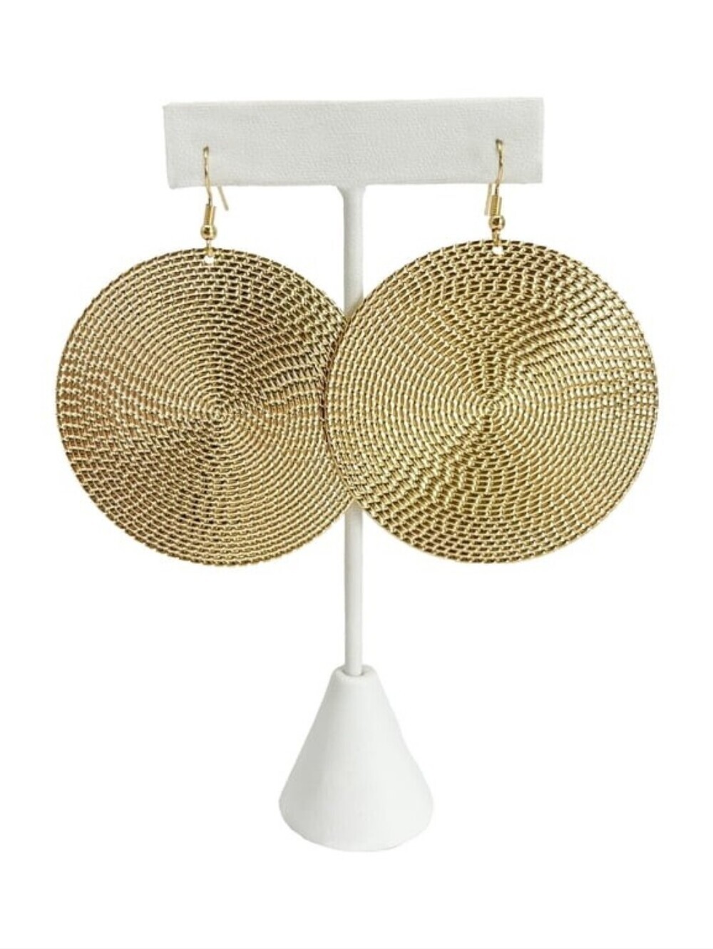 Gold Tone Textured Disc Drop Earrings